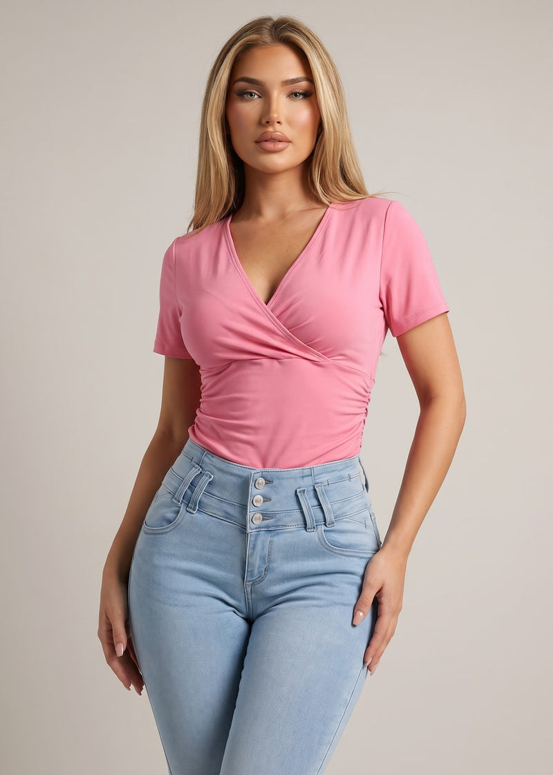 Short Sleeve Surplice Stretch Blouse Pink