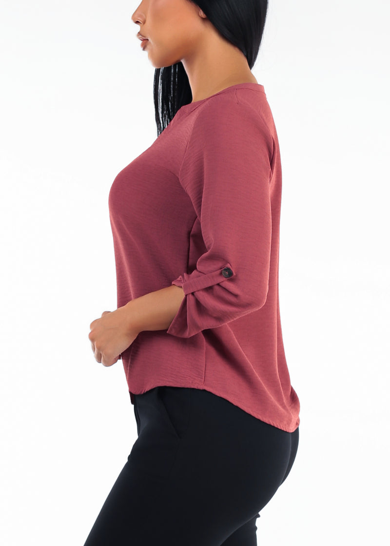 Quarter Sleeve Vneck Blouse Dusty Rose