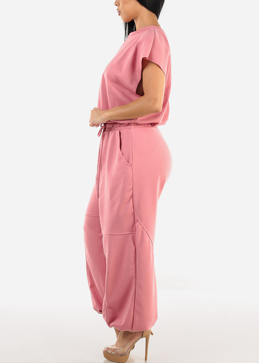 Short Sleeve Drawstring Waist Jumpsuit Pink