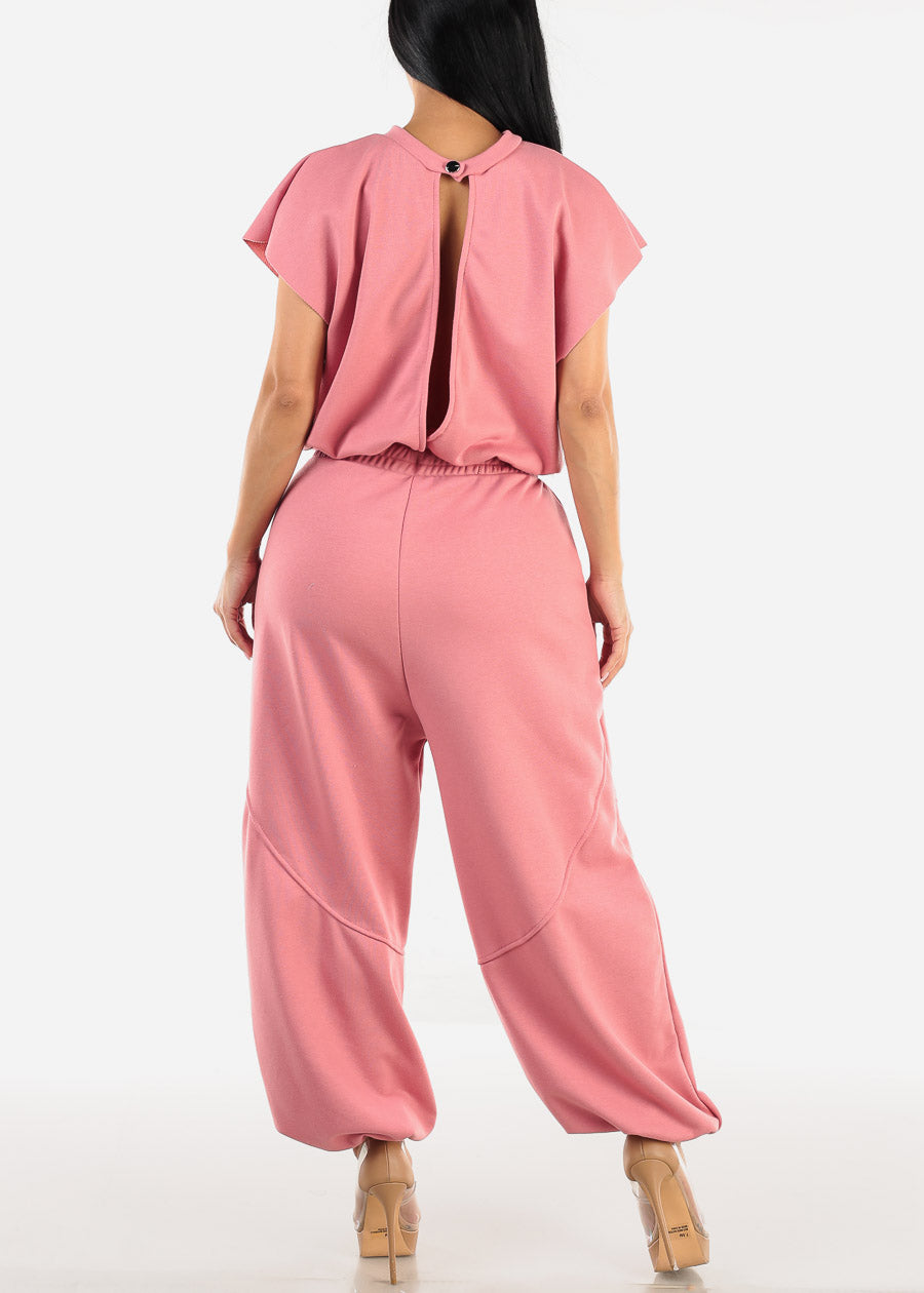 Short Sleeve Drawstring Waist Jumpsuit Pink