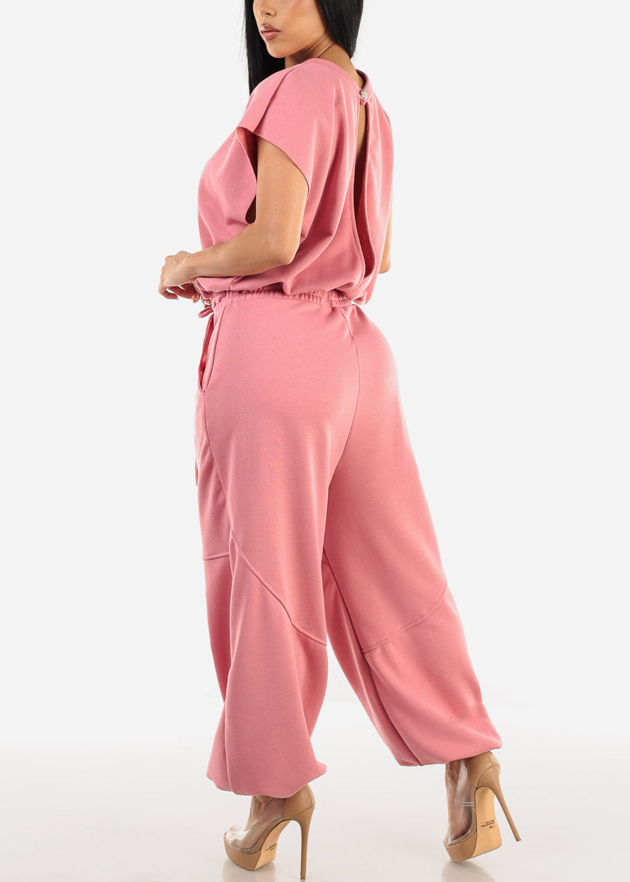 Short Sleeve Drawstring Waist Jumpsuit Pink