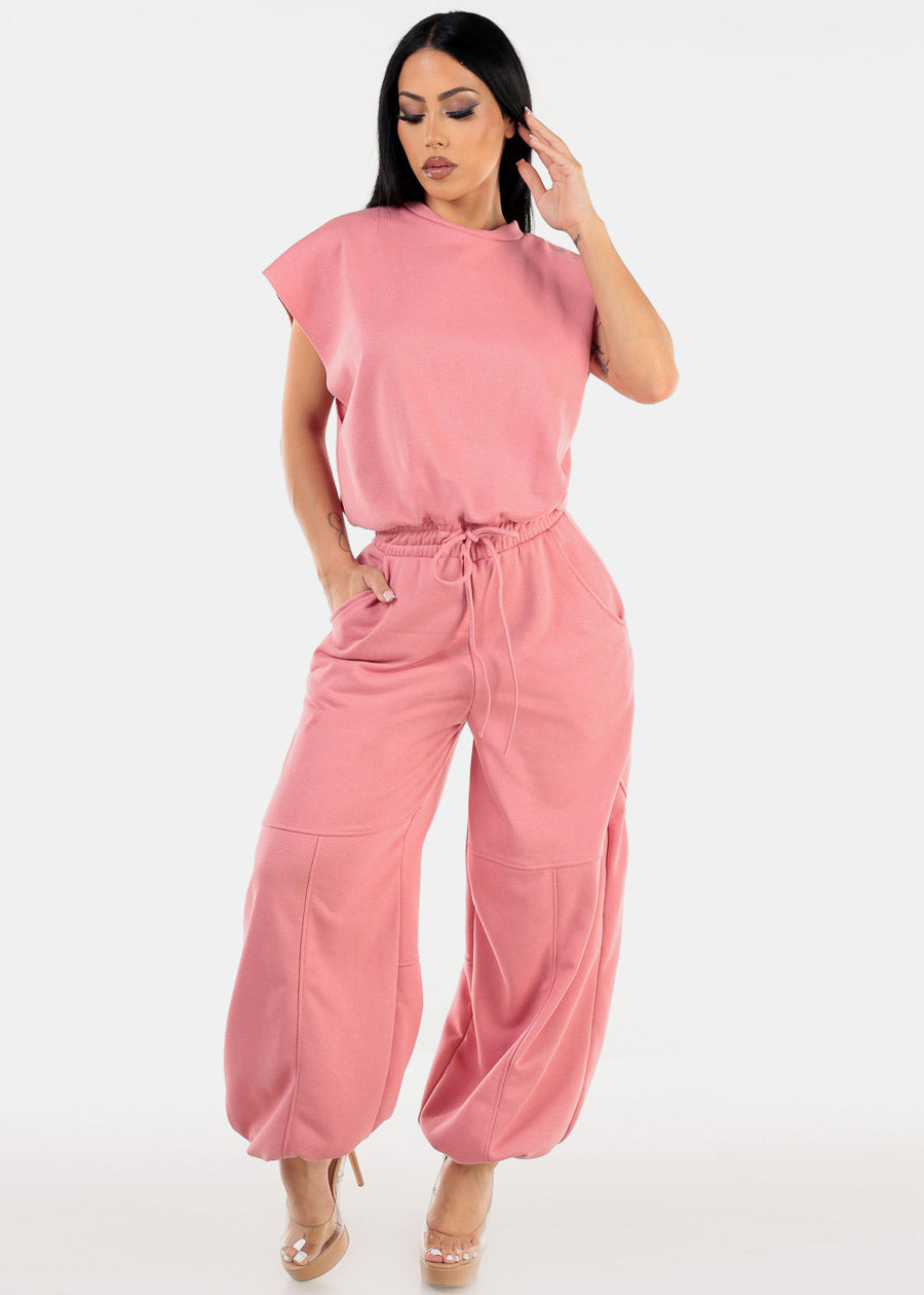 Short Sleeve Drawstring Waist Jumpsuit Pink