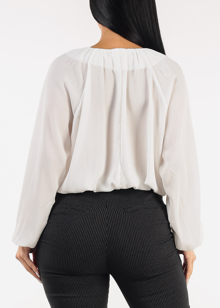 Long Sleeve White Pleated Blouse