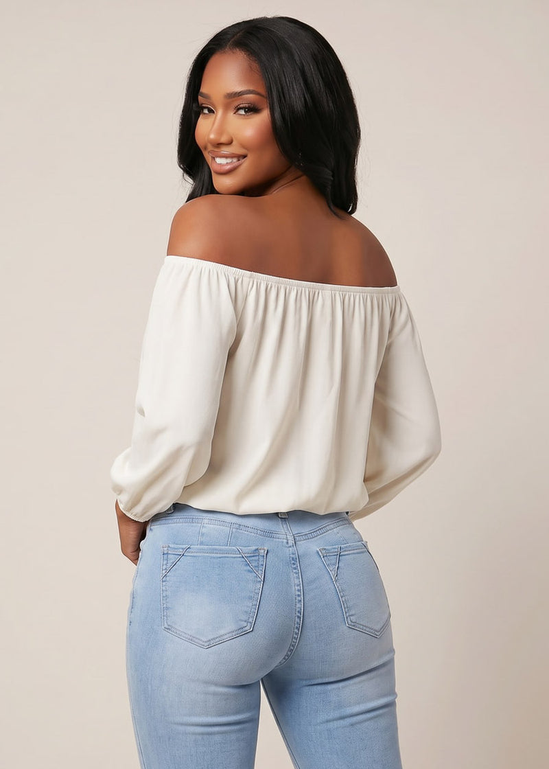 Off Shoulder Drawstring Waist Blouse White