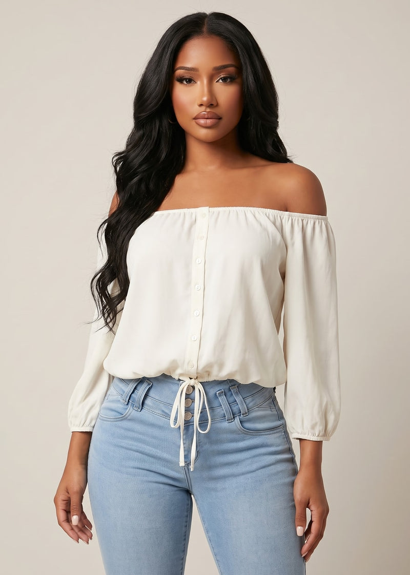 Off Shoulder Drawstring Waist Blouse White