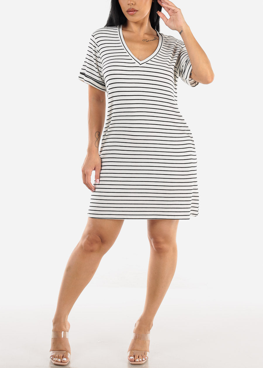 Short Sleeve Stripe Mini T-shirt Dress White