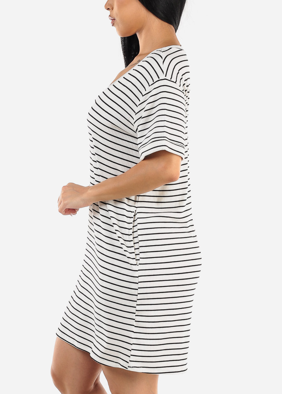 Short Sleeve Stripe Mini T-shirt Dress White