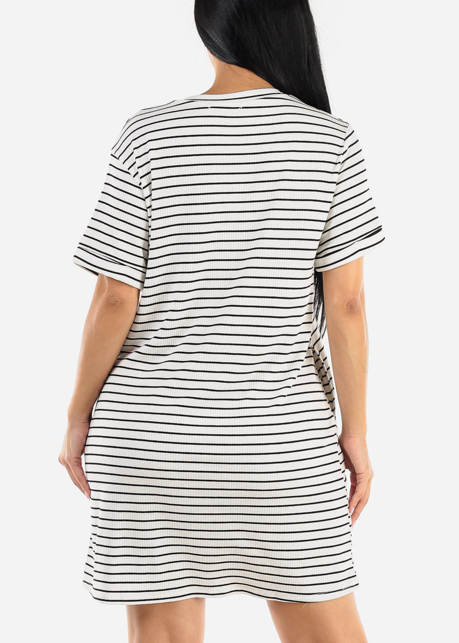 Short Sleeve Stripe Mini T-shirt Dress White