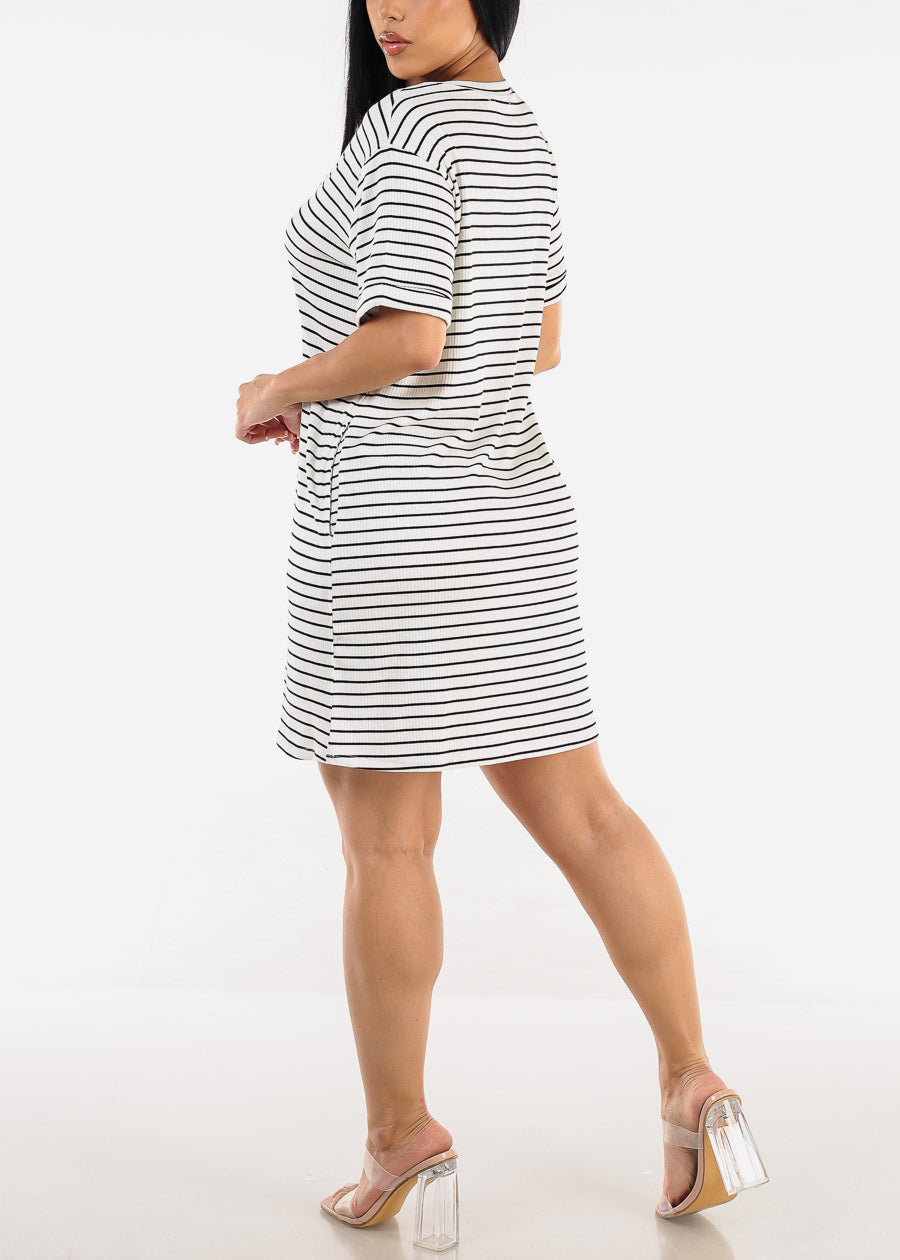 Short Sleeve Stripe Mini T-shirt Dress White