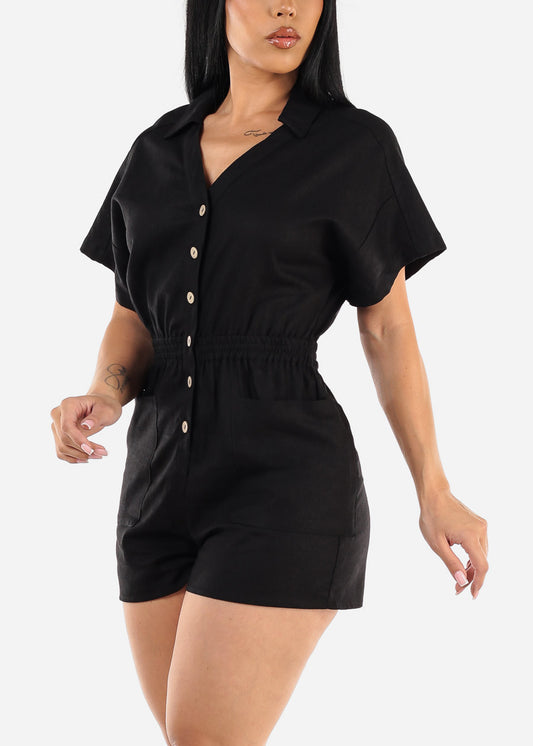 Short Sleeve Button Up Black Linen Romper