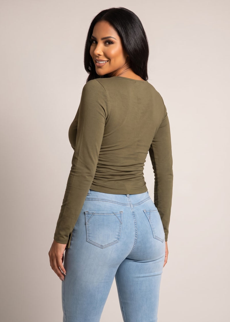 Long Sleeve Vneck Surplice Stretch Top Olive w Side Ruching