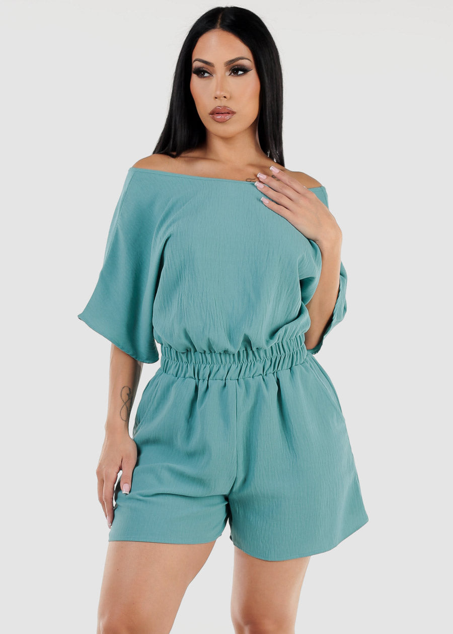 Off Shoulder Spandex Waist Romper Teal