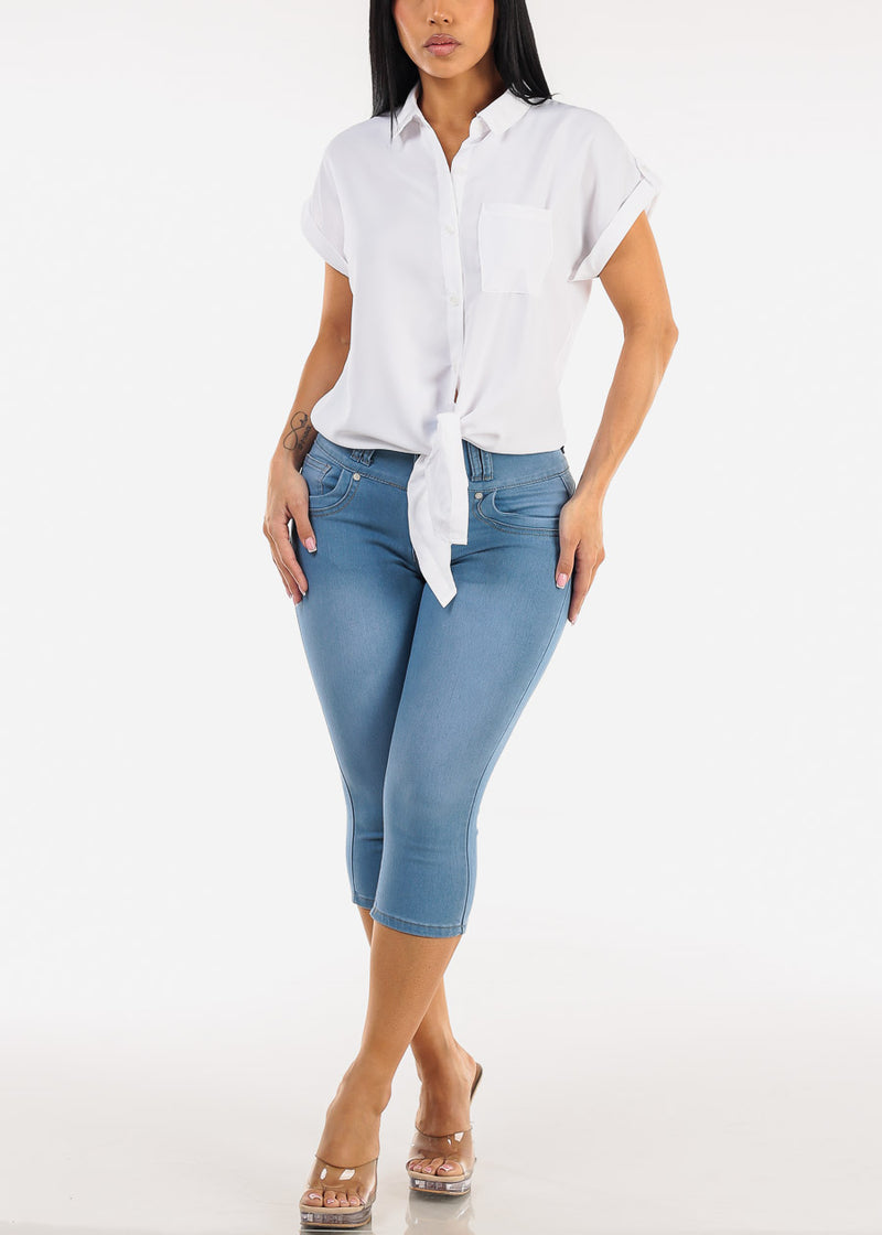 Short Sleeve Button Down Tie Front Blouse White