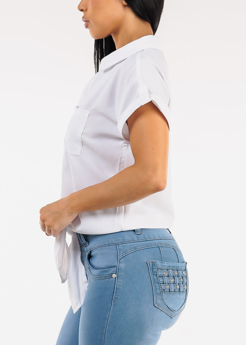 Short Sleeve Button Down Tie Front Blouse White