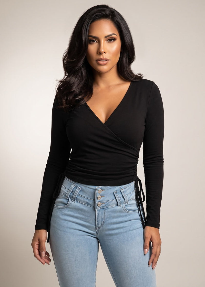 Long Sleeve Vneck Surplice Stretch Top Black w Side Ruching