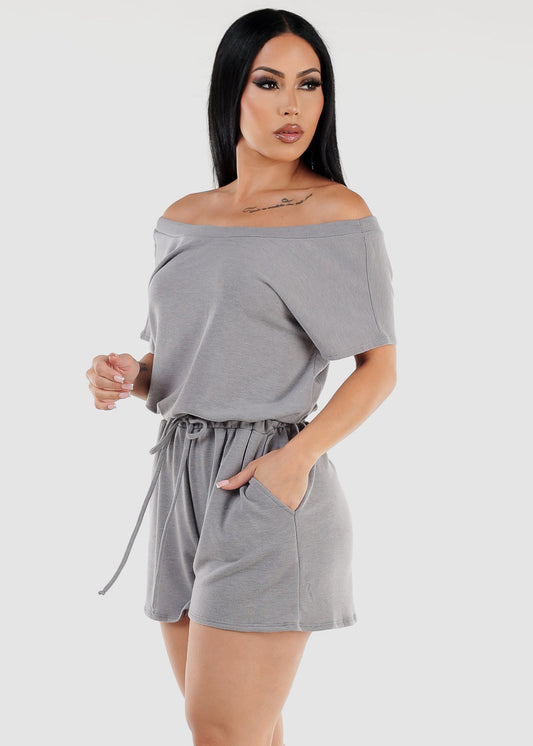 Off Shoulder Casual Romper Grey w Pockets