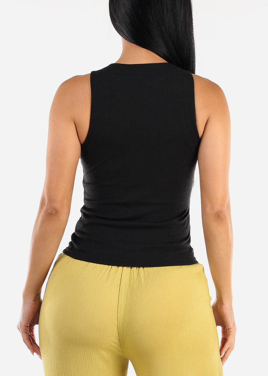 Black Fitted Crewneck Ribbed Tank Top