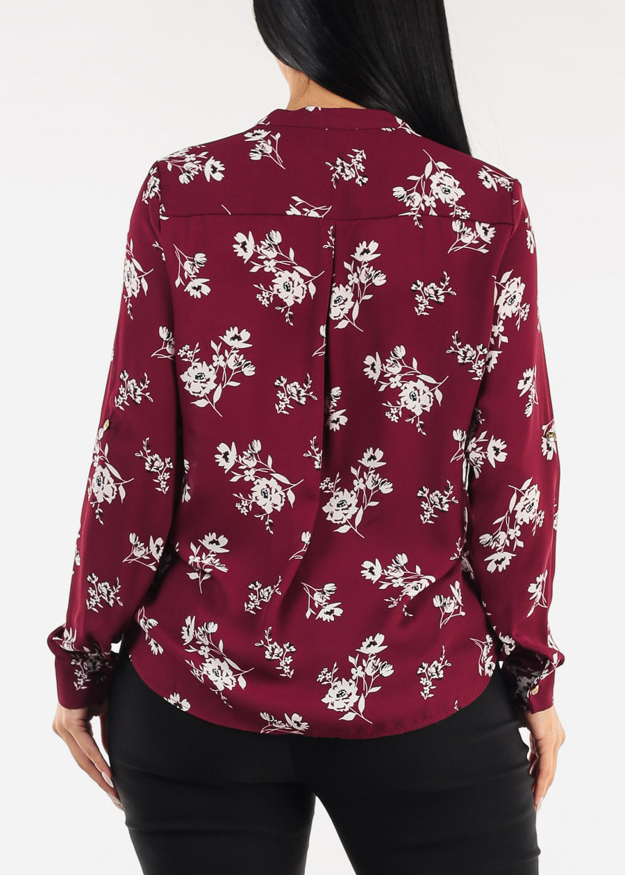 Long Sleeve Vneck Floral Blouse Burgundy
