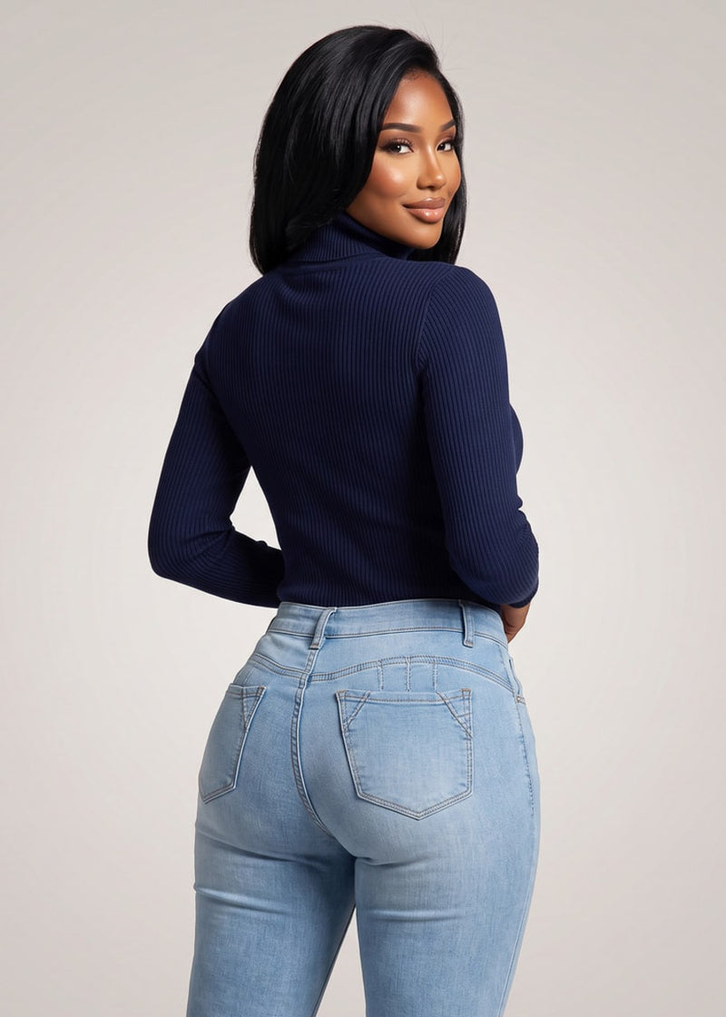 Long Sleeve Stretch Ribbed Turtleneck Top Navy