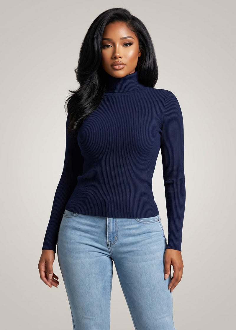 Long Sleeve Stretch Ribbed Turtleneck Top Navy