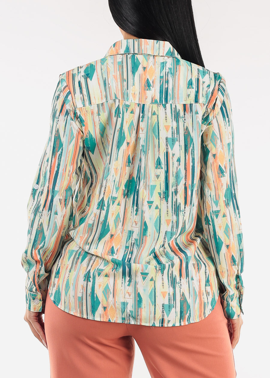 Long Sleeve Printed Button Down Blouse Green