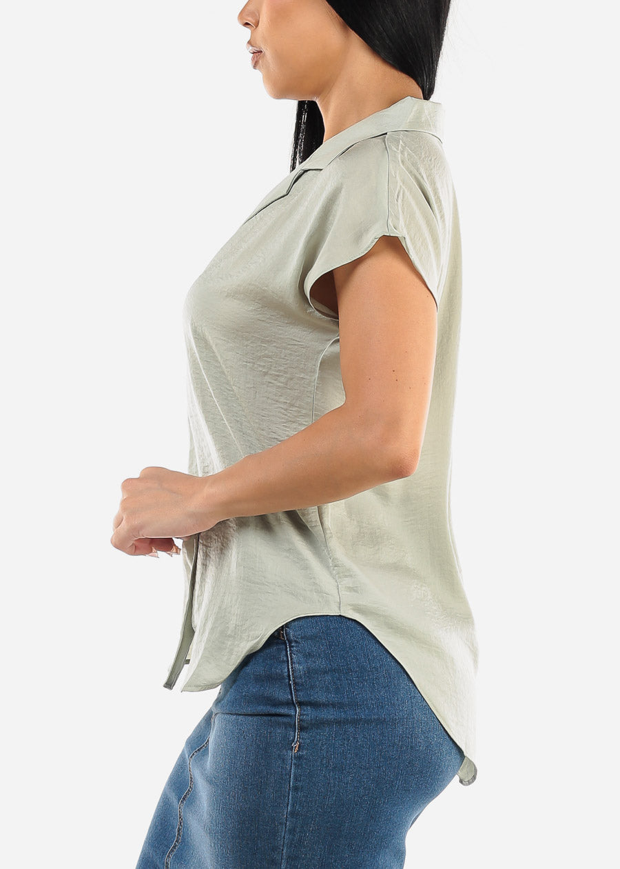 Short Sleeve Button Up Round Hem Blouse Sage