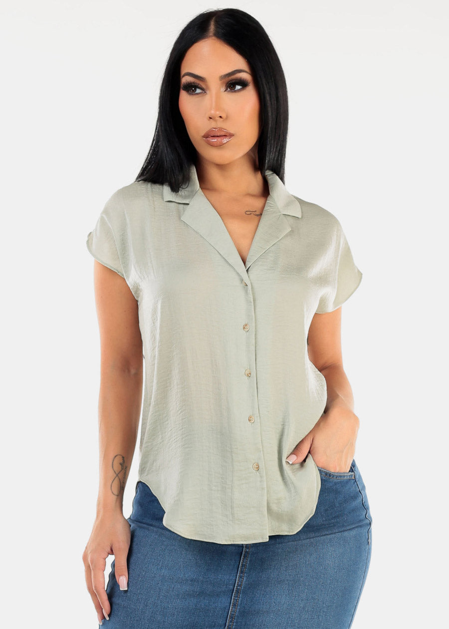 Short Sleeve Button Up Round Hem Blouse Sage