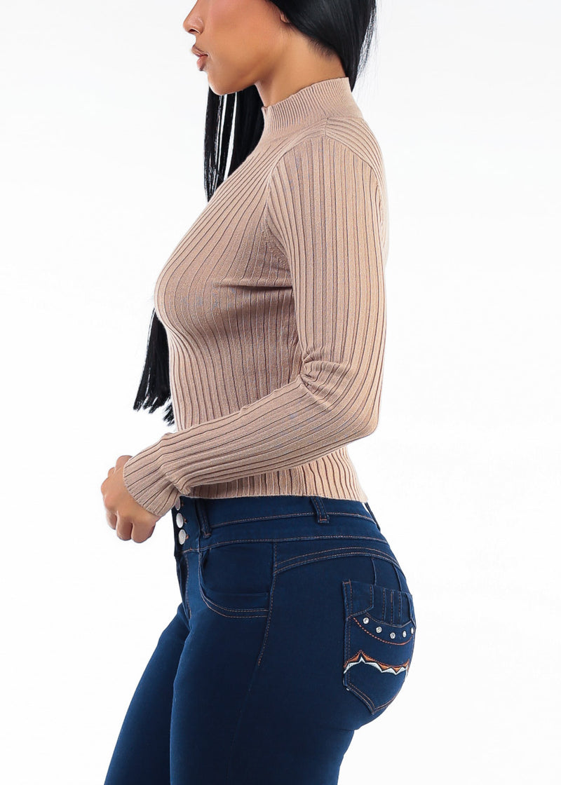 Ribbed Long Sleeve Mock Neck Sweater Khaki