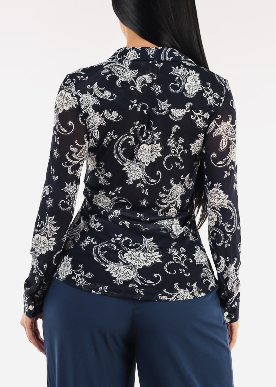 Long Sleeve Button Up Floral Mesh Blouse Navy