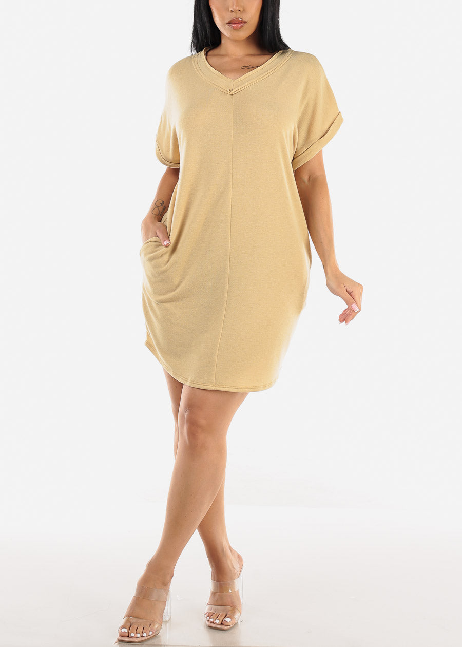 Short Sleeve Vneck Mini T-shirt Dress Mustard