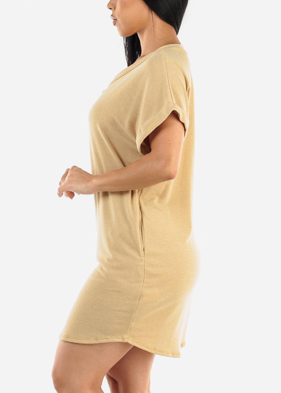 Short Sleeve Vneck Mini T-shirt Dress Mustard