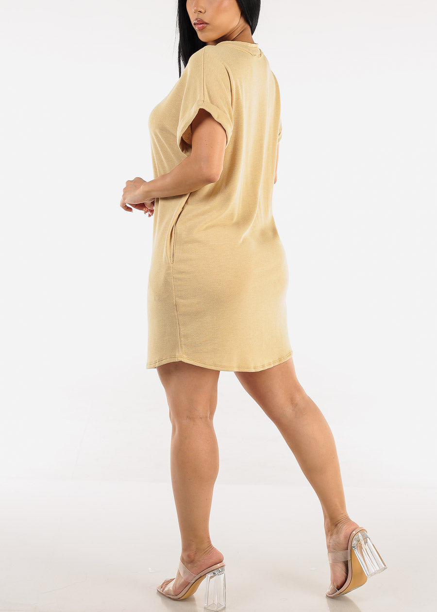 Short Sleeve Vneck Mini T-shirt Dress Mustard