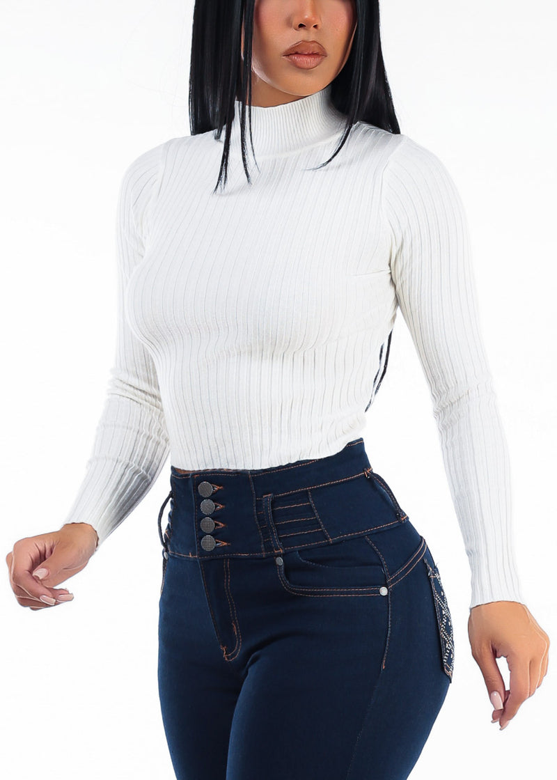 Ribbed Long Sleeve Mock Neck Sweater Off White