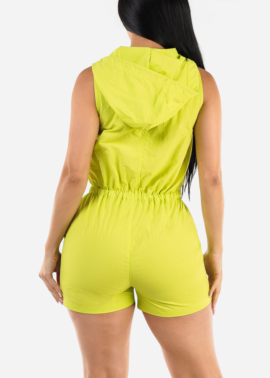 Sleeveless Windbreaker Hooded Romper Neon Lime