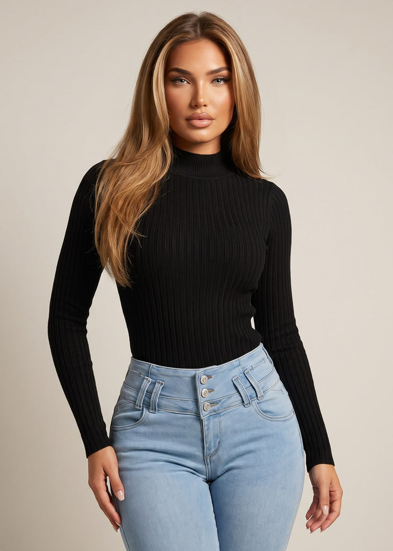 Ribbed Long Sleeve Mock Neck Sweater Black