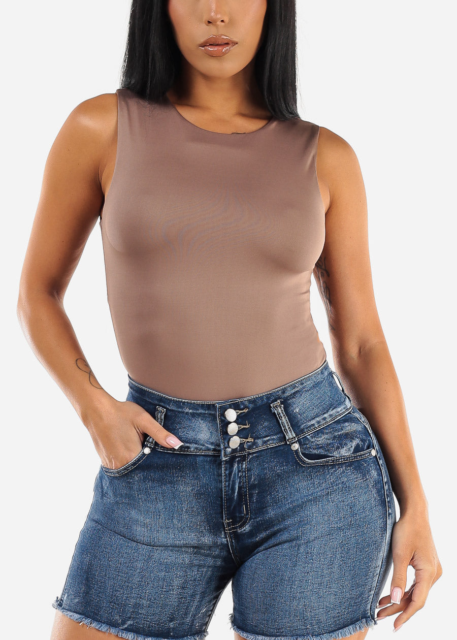 Sleeveless Crewneck Thong Bodysuit Brown