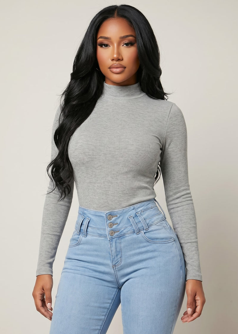 Long Sleeve Mock Neck Brushed Rib Stretch Top Heather Grey