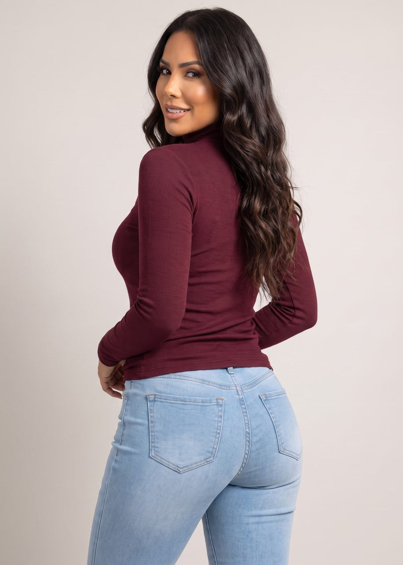 Long Sleeve Mock Neck Brushed Rib Stretch Top Burgundy