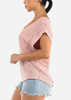 Short Sleeve Vneck Soft Knit Top Light Pink