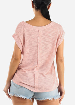 Short Sleeve Vneck Soft Knit Top Light Pink