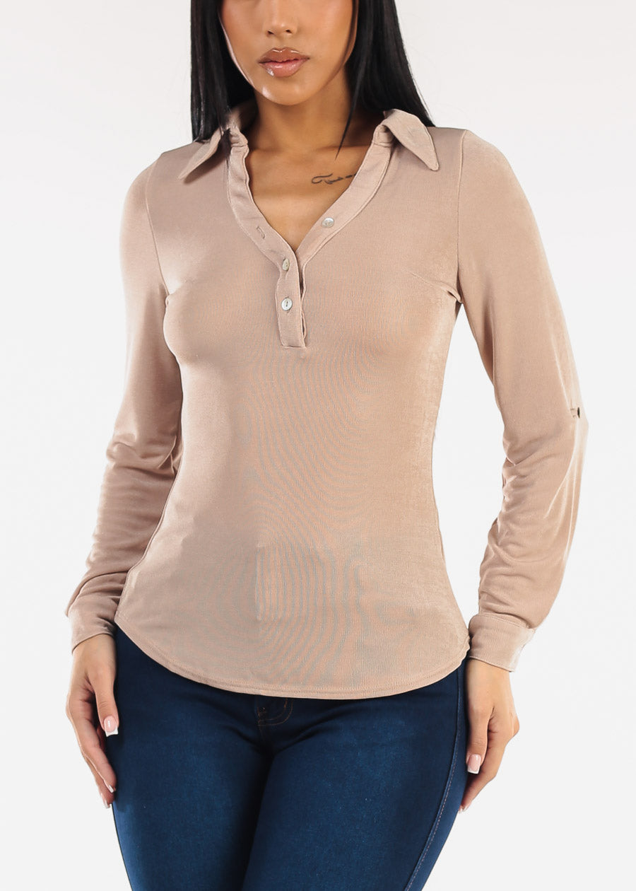 Stretchy Long Sleeve Half Button Up Blouse Beige