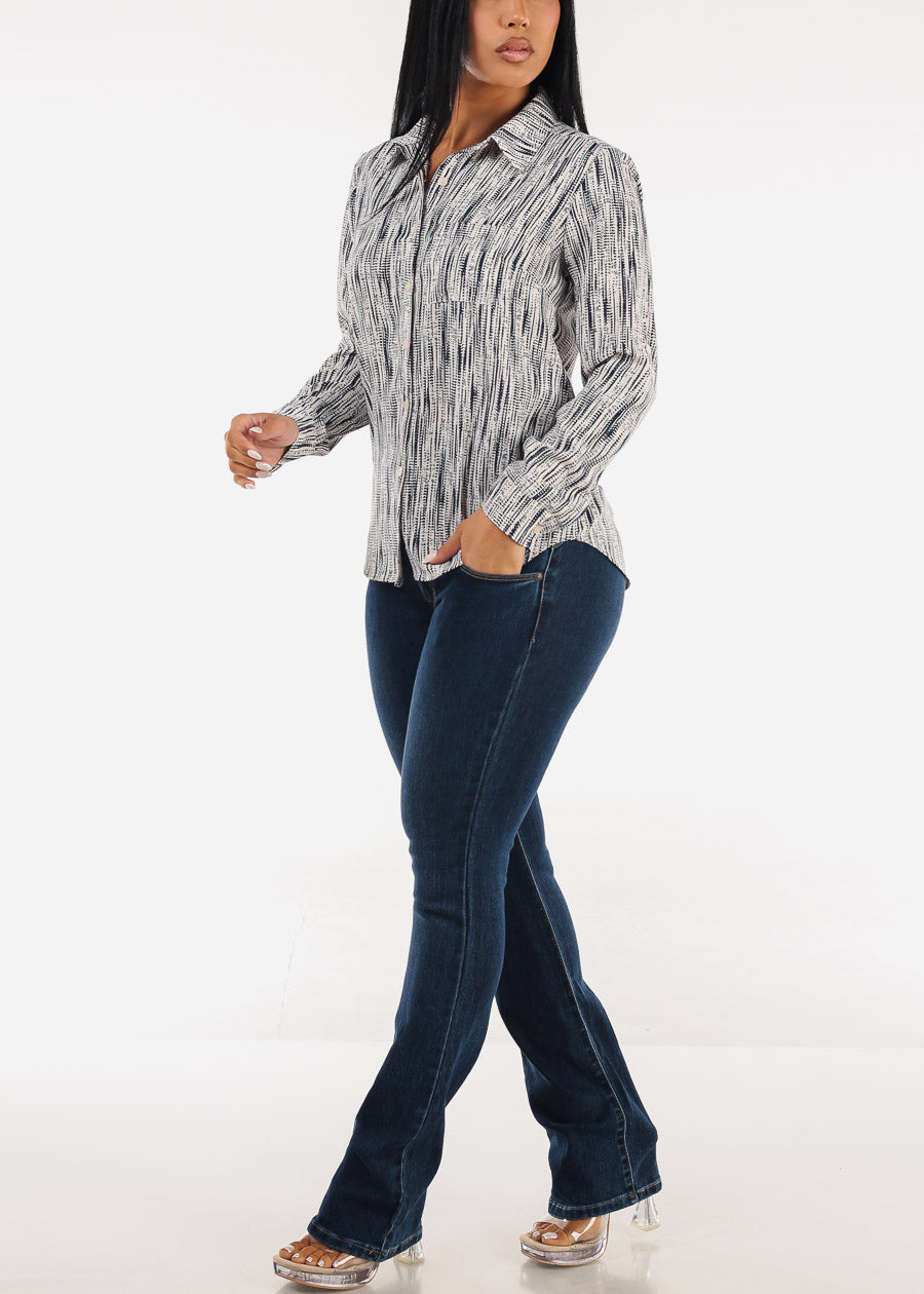 Long Sleeve Button Down Printed Collared Blouse Navy