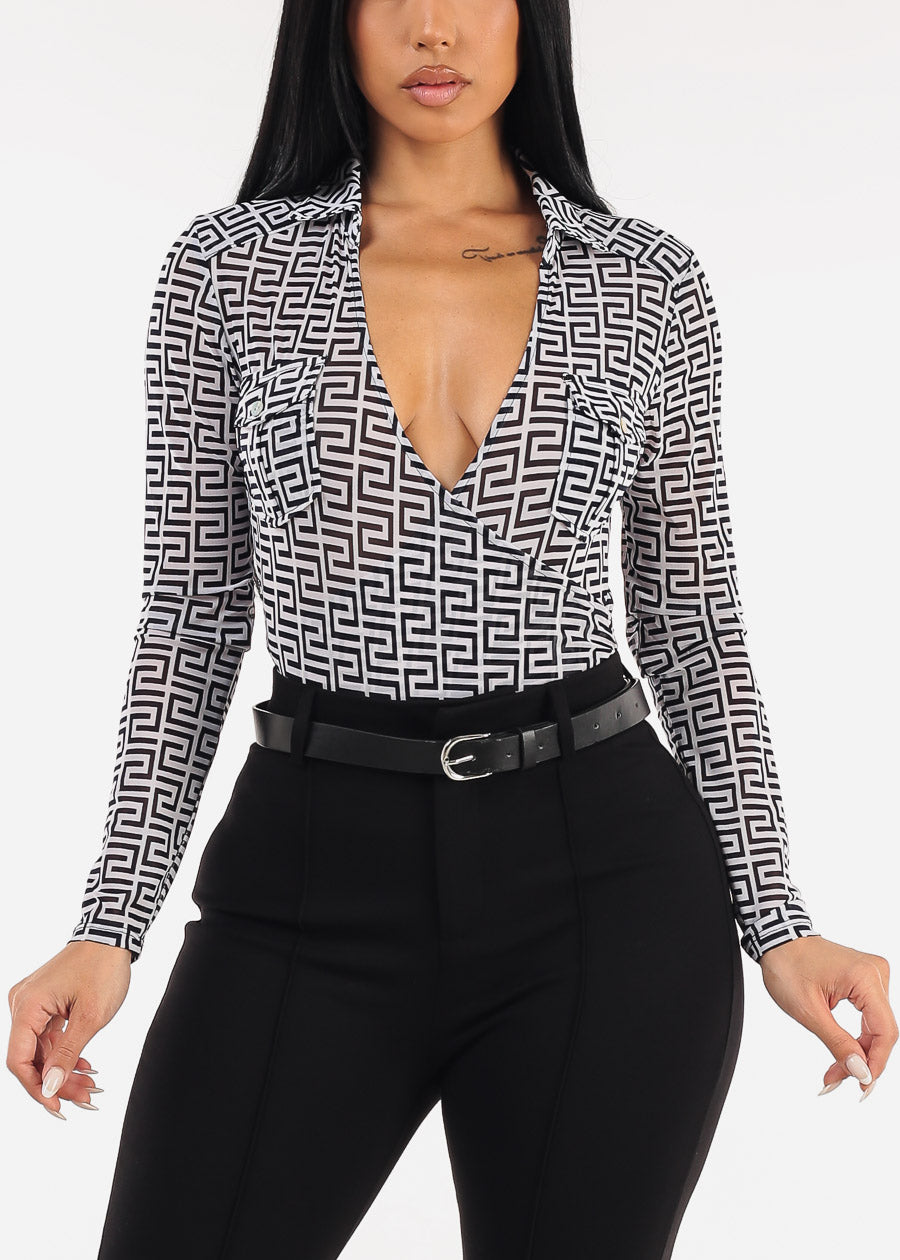 Long Sleeve Surplice Printed Mesh Bodysuit Navy