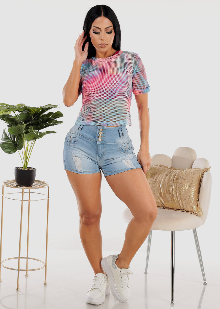 Short Sleeve Tie Dye Fishnet Top Pink & Blue