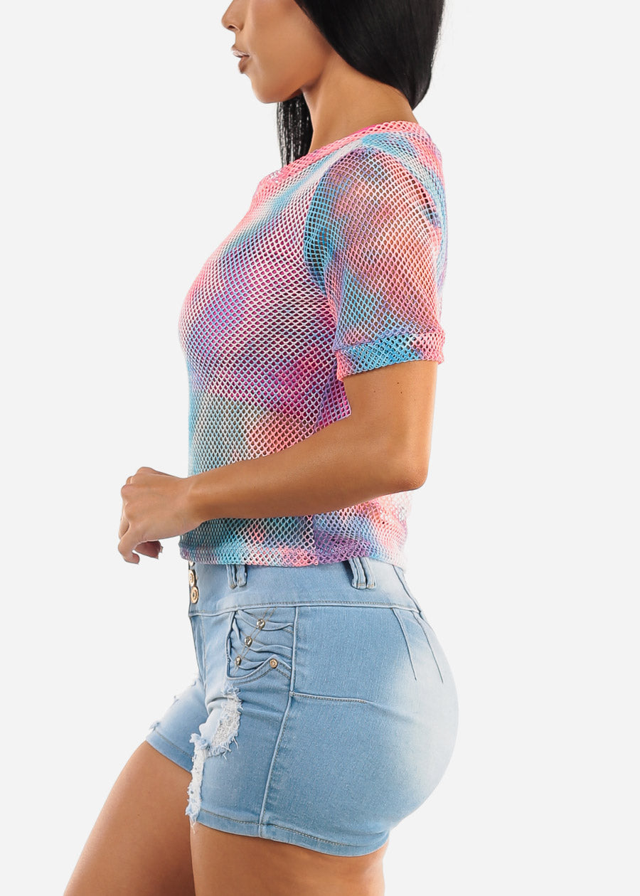 Short Sleeve Tie Dye Fishnet Top Pink & Blue