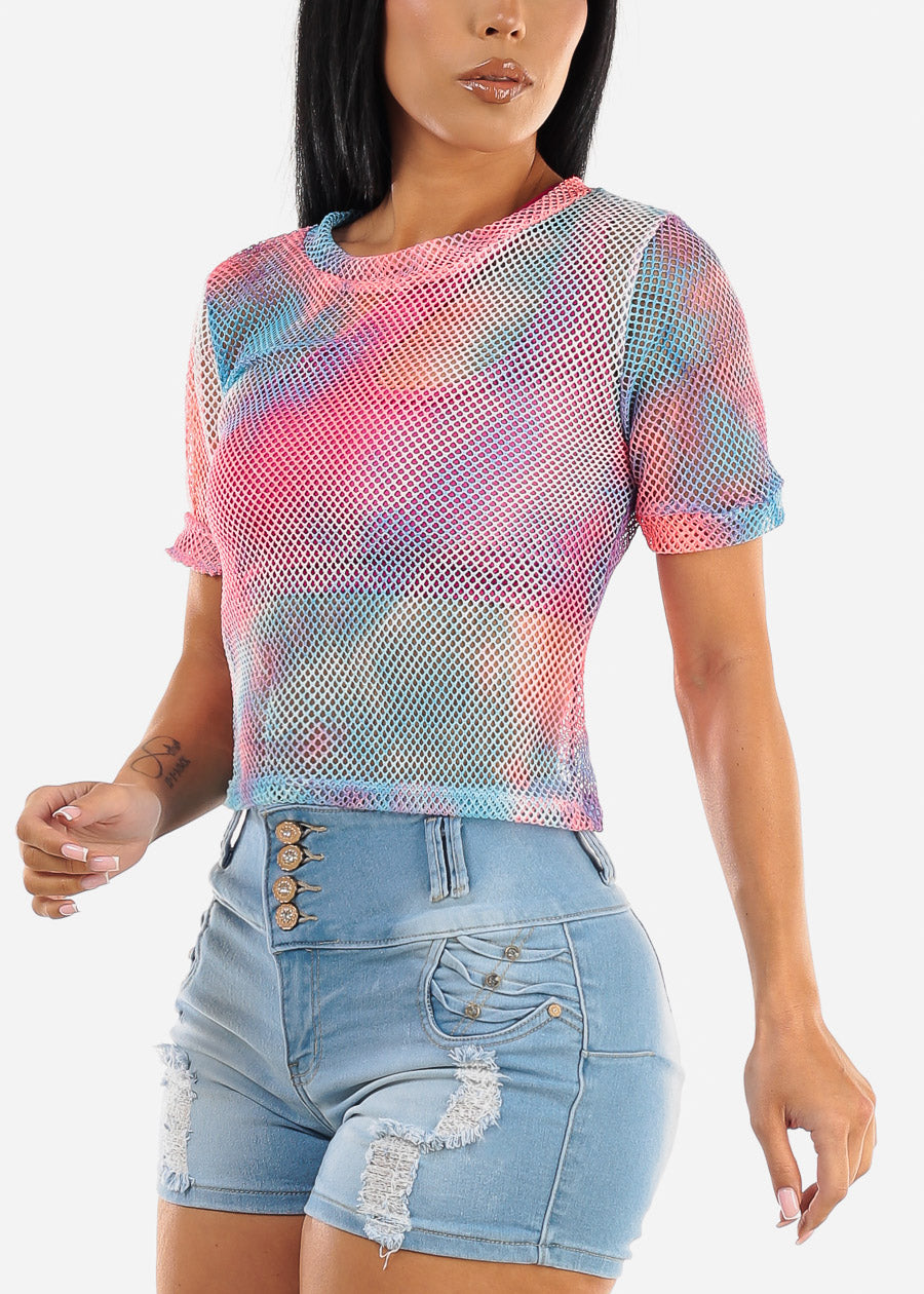 Short Sleeve Tie Dye Fishnet Top Pink & Blue