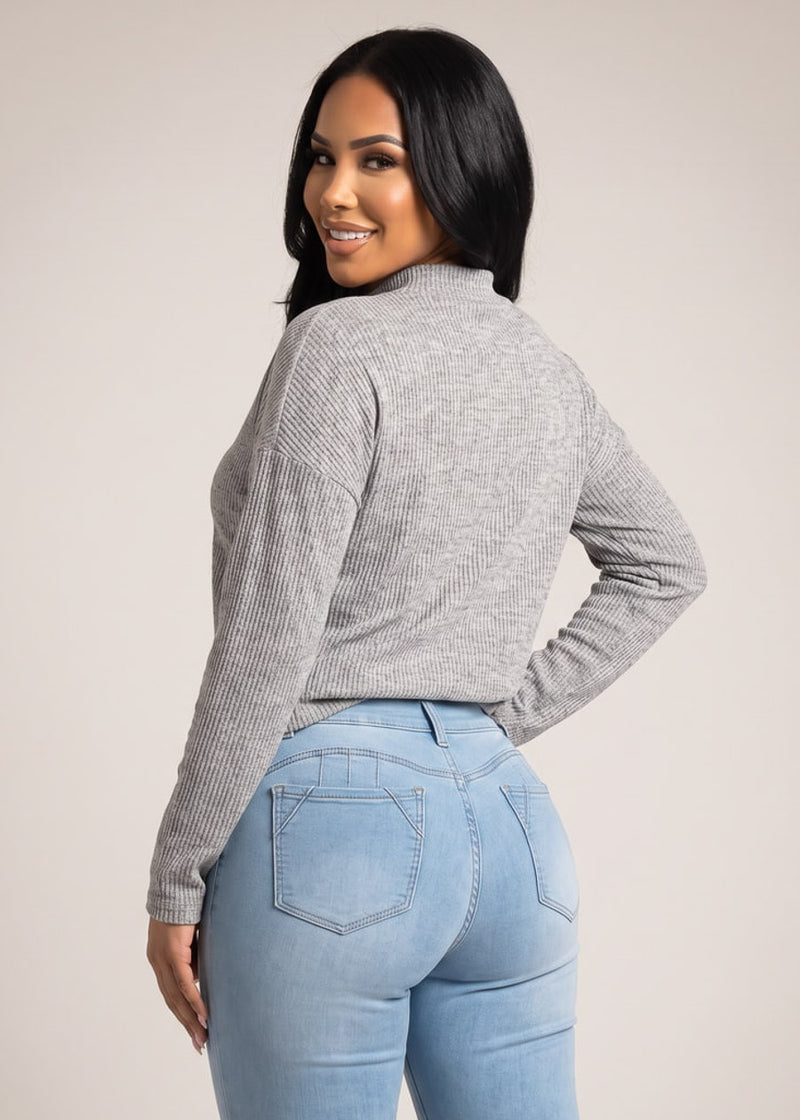 Mock Neck Long Sleeve Hacci Ribbed Sweater Top Heather Grey