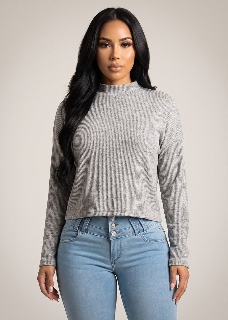 Mock Neck Long Sleeve Hacci Ribbed Sweater Top Heather Grey