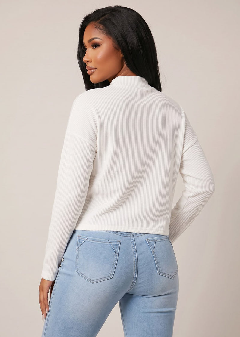 Mock Neck Long Sleeve Hacci Ribbed Sweater Top Off White