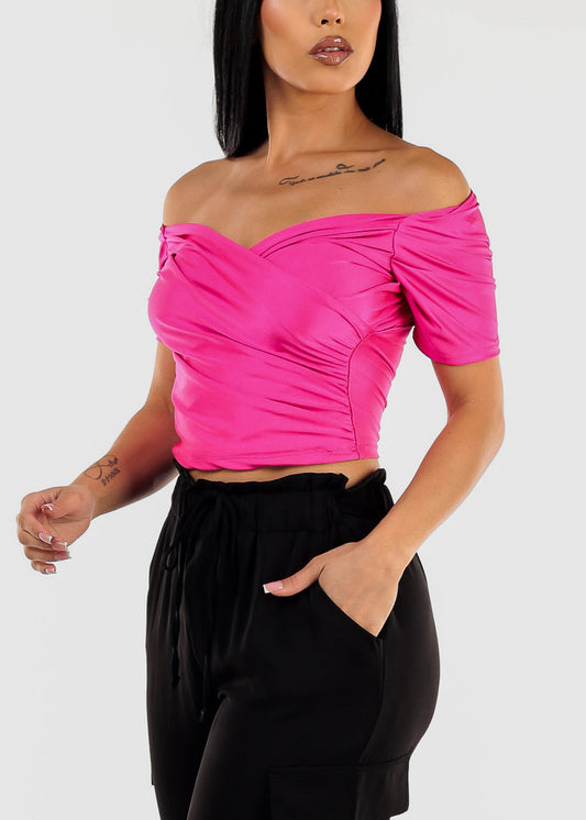 Short Sleeve Surplice Crop Top Fuschia